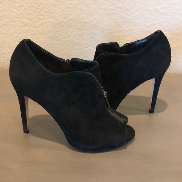 Suede Peep Toe Heeled Bootie with Zipper Detail - Picture 1 of 4